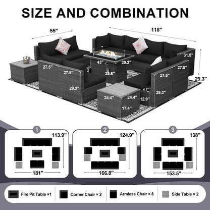 Set di divani componibili per esterni FINCATI in vimini grigio con tavolo e braciere