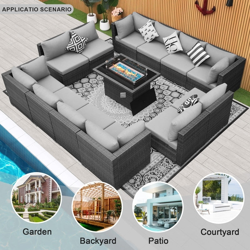 Set di divani componibili per esterni FINCATI in vimini grigio con tavolo e braciere