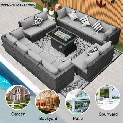 Set di divani componibili per esterni FINCATI in vimini grigio con tavolo e braciere