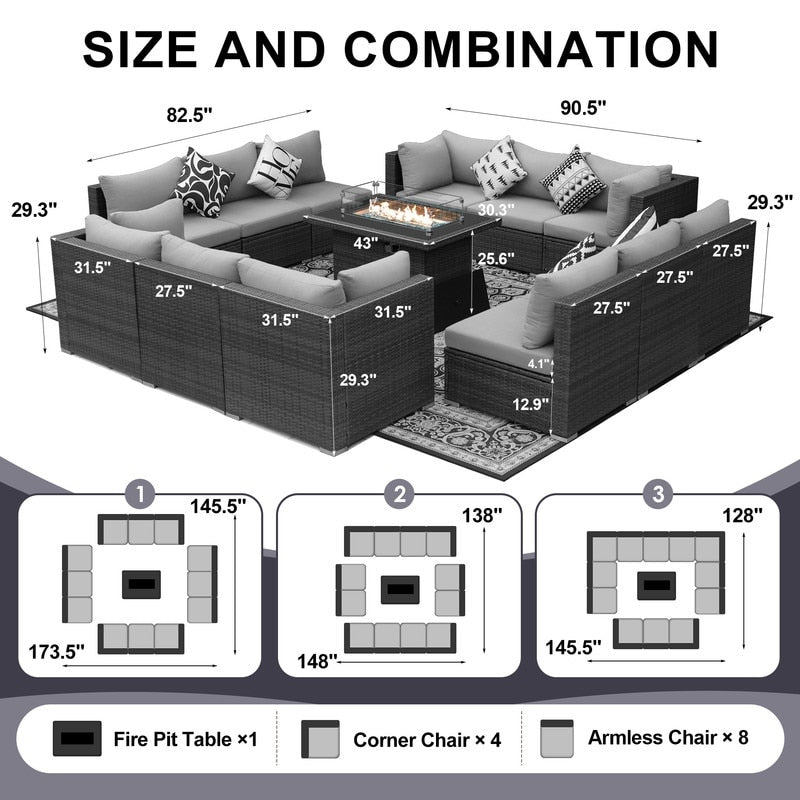 Set di divani componibili per esterni FINCATI in vimini grigio con tavolo e braciere