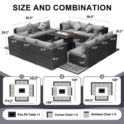 Set di divani componibili per esterni FINCATI in vimini grigio con tavolo e braciere