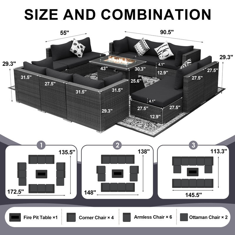Set di divani componibili per esterni FINCATI in vimini grigio con tavolo e braciere