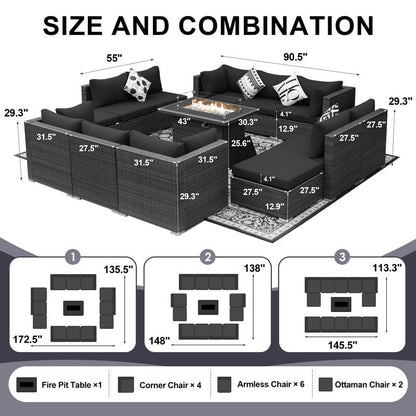 Set di divani componibili per esterni FINCATI in vimini grigio con tavolo e braciere