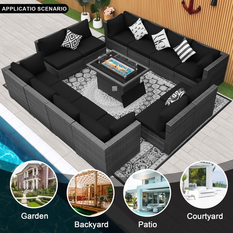 Set di divani componibili per esterni FINCATI in vimini grigio con tavolo e braciere