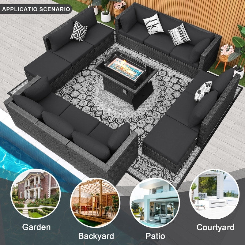 Set di divani componibili per esterni FINCATI in vimini grigio con tavolo e braciere