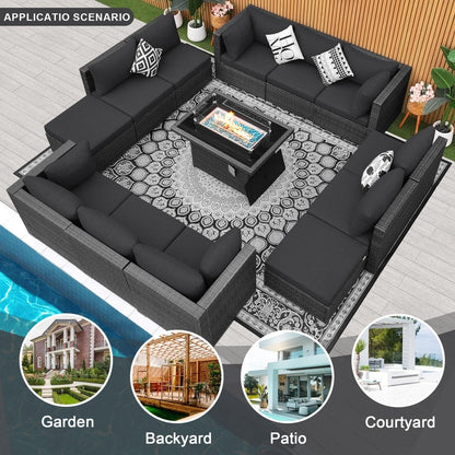 Set di divani componibili per esterni FINCATI in vimini grigio con tavolo e braciere