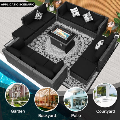 Set di divani componibili per esterni FINCATI in vimini grigio con tavolo e braciere