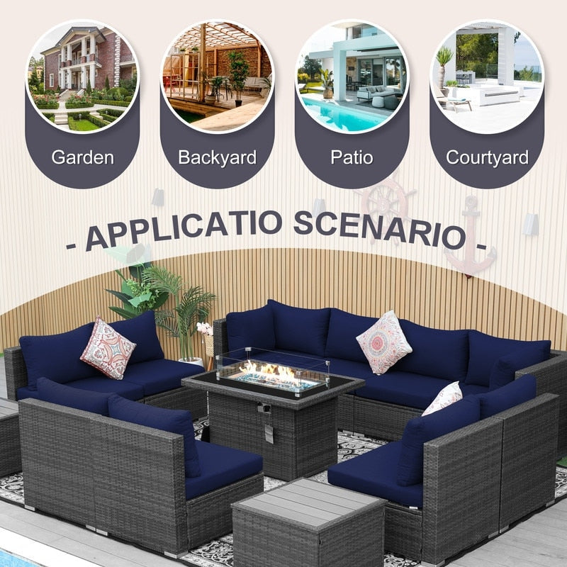 Set di divani componibili per esterni FINCATI in vimini grigio con tavolo e braciere