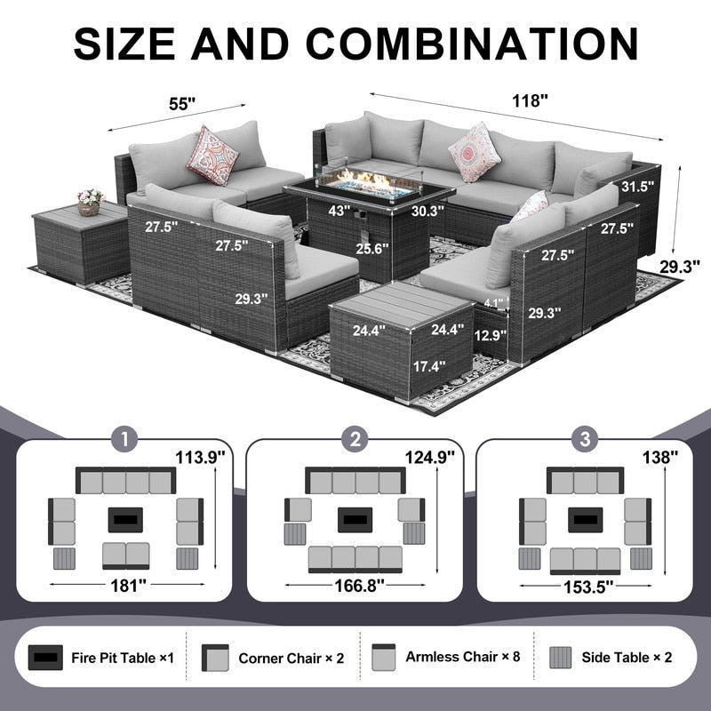 Set di divani componibili per esterni FINCATI in vimini grigio con tavolo e braciere