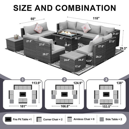 Set di divani componibili per esterni FINCATI in vimini grigio con tavolo e braciere