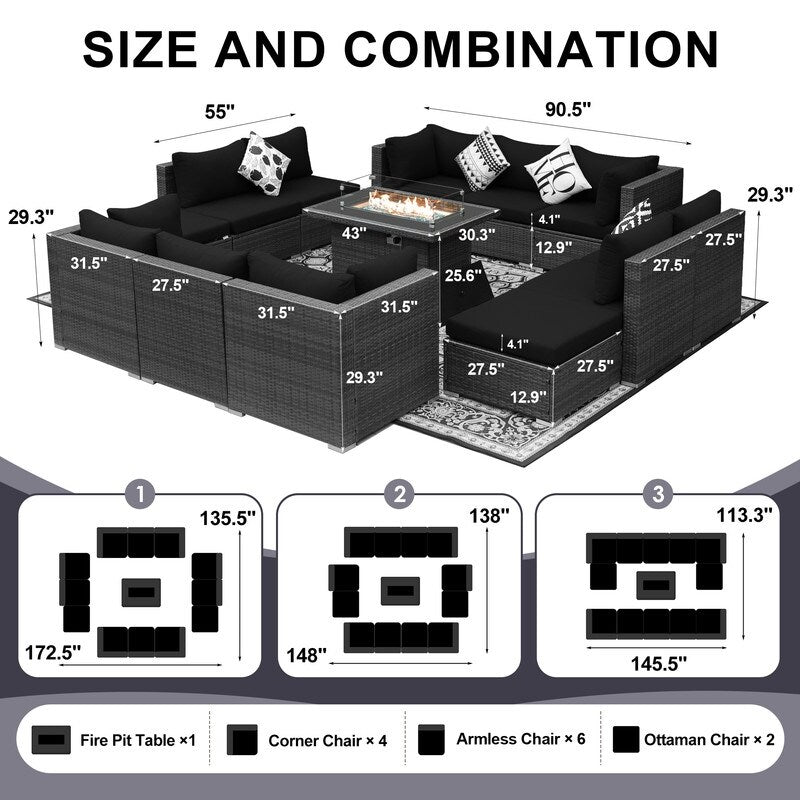 Set di divani componibili per esterni FINCATI in vimini grigio con tavolo e braciere