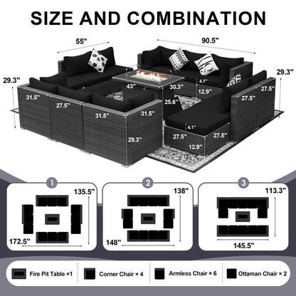 Set di divani componibili per esterni FINCATI in vimini grigio con tavolo e braciere