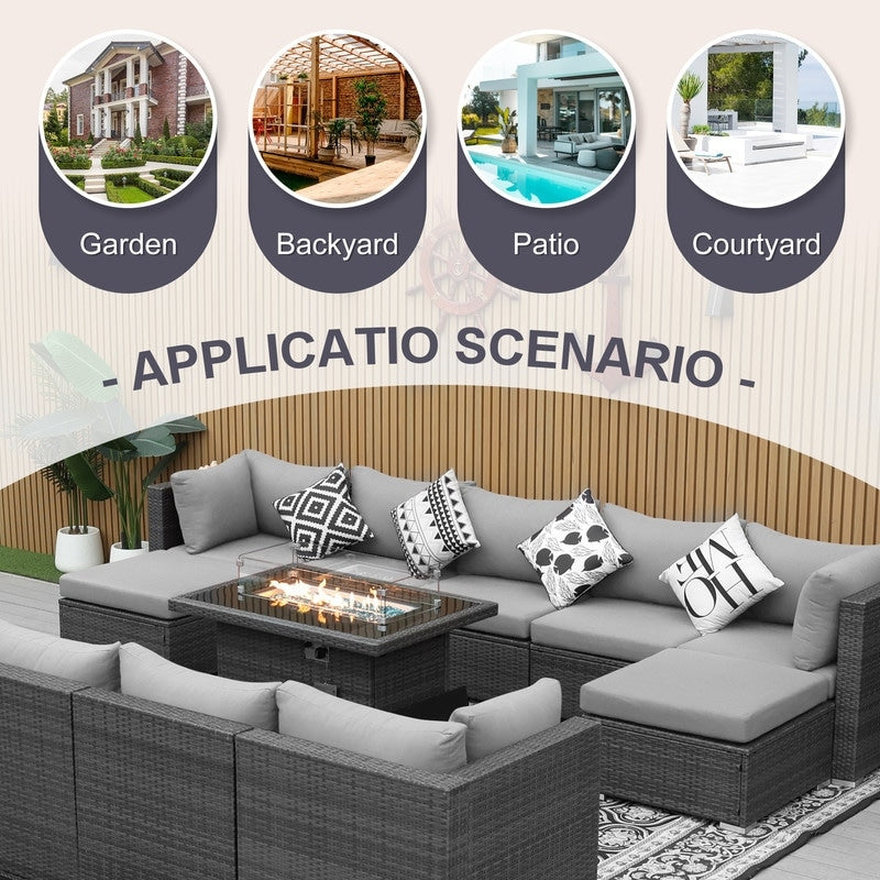 Set di divani componibili per esterni FINCATI in vimini grigio con tavolo e braciere