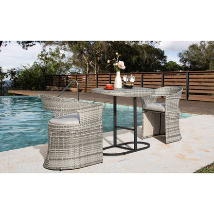 Set da bistrot da esterno per patio, 3 pezzi, struttura in ferro e rattan, grigio