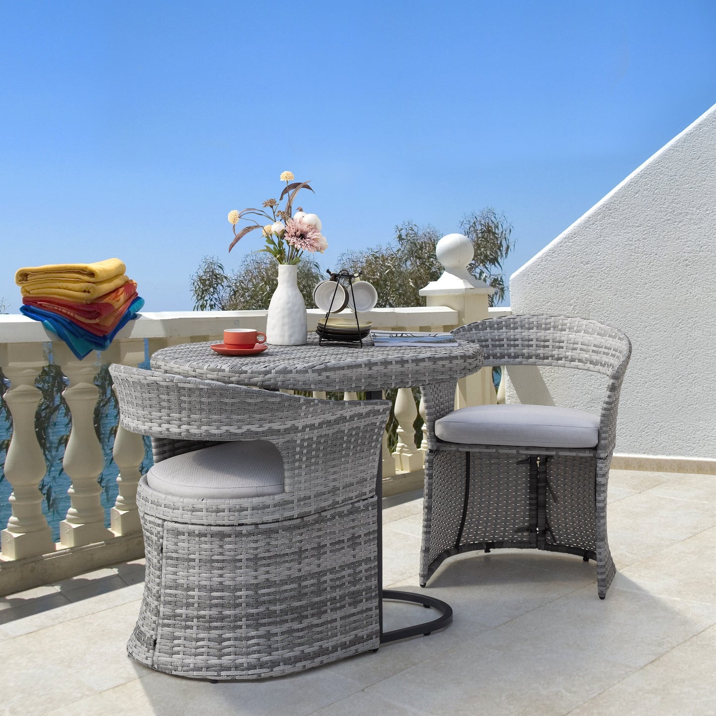 Set da bistrot da esterno per patio, 3 pezzi, struttura in ferro e rattan, grigio