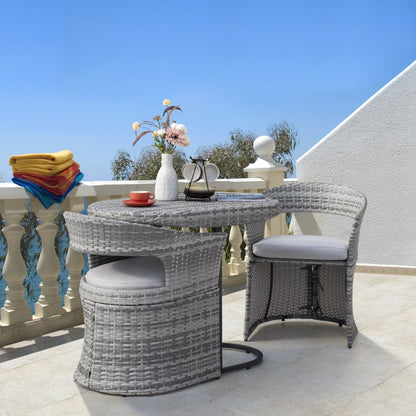 Set da bistrot da esterno per patio, 3 pezzi, struttura in ferro e rattan, grigio