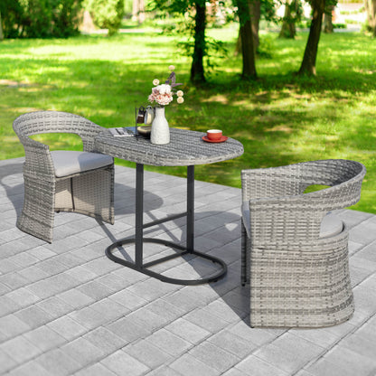 Set da bistrot da esterno per patio, 3 pezzi, struttura in ferro e rattan, grigio