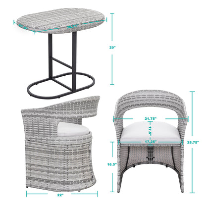 Set da bistrot da esterno per patio, 3 pezzi, struttura in ferro e rattan, grigio
