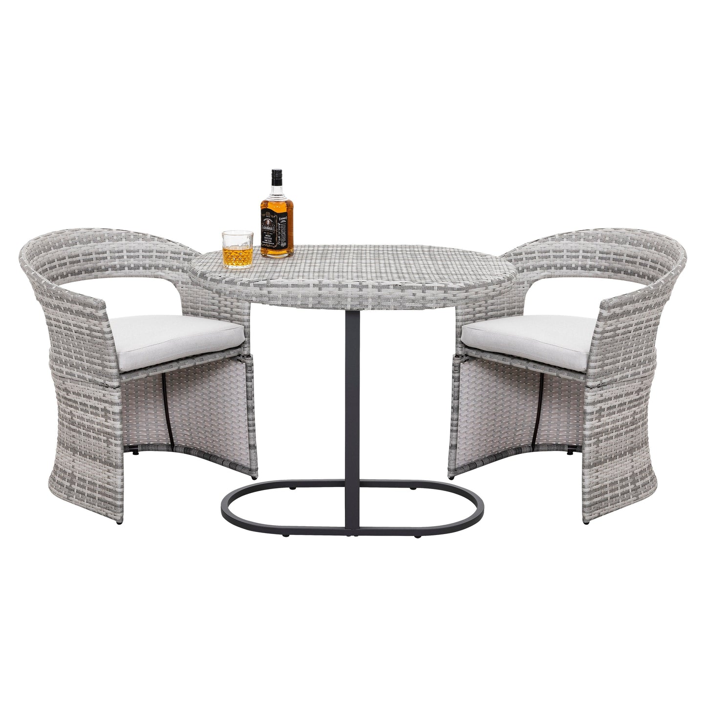 Set da bistrot da esterno per patio, 3 pezzi, struttura in ferro e rattan, grigio