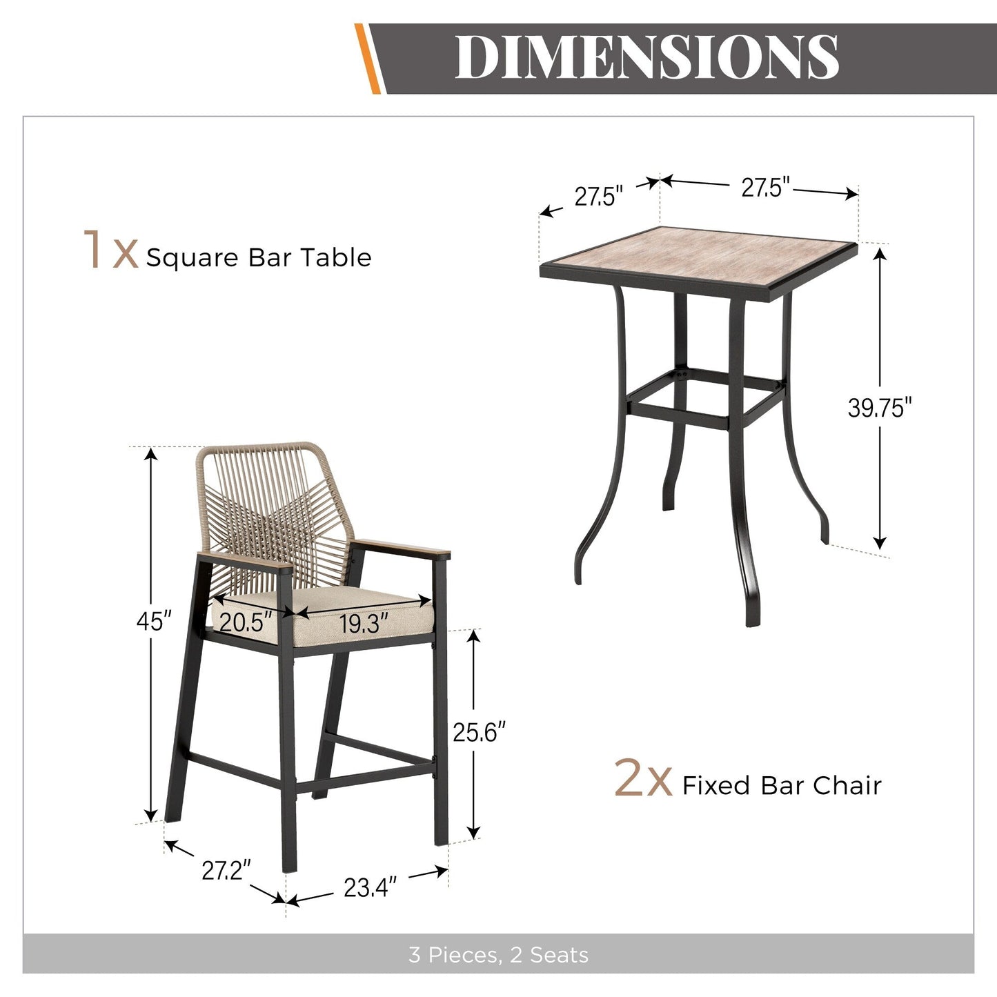 Set da bistrot con sgabelli da bar e tavolo da esterno per patio, 3 pezzi