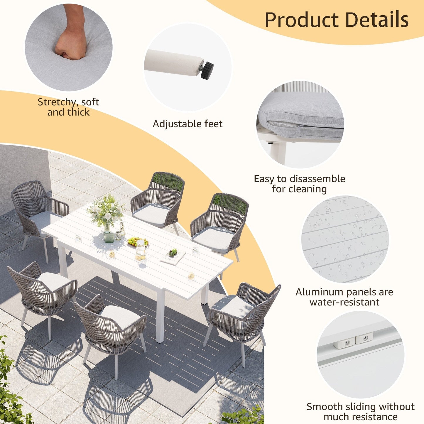 Set da pranzo per esterno con sedie e tavolo da pranzo estensibile (set da 7 pezzi)