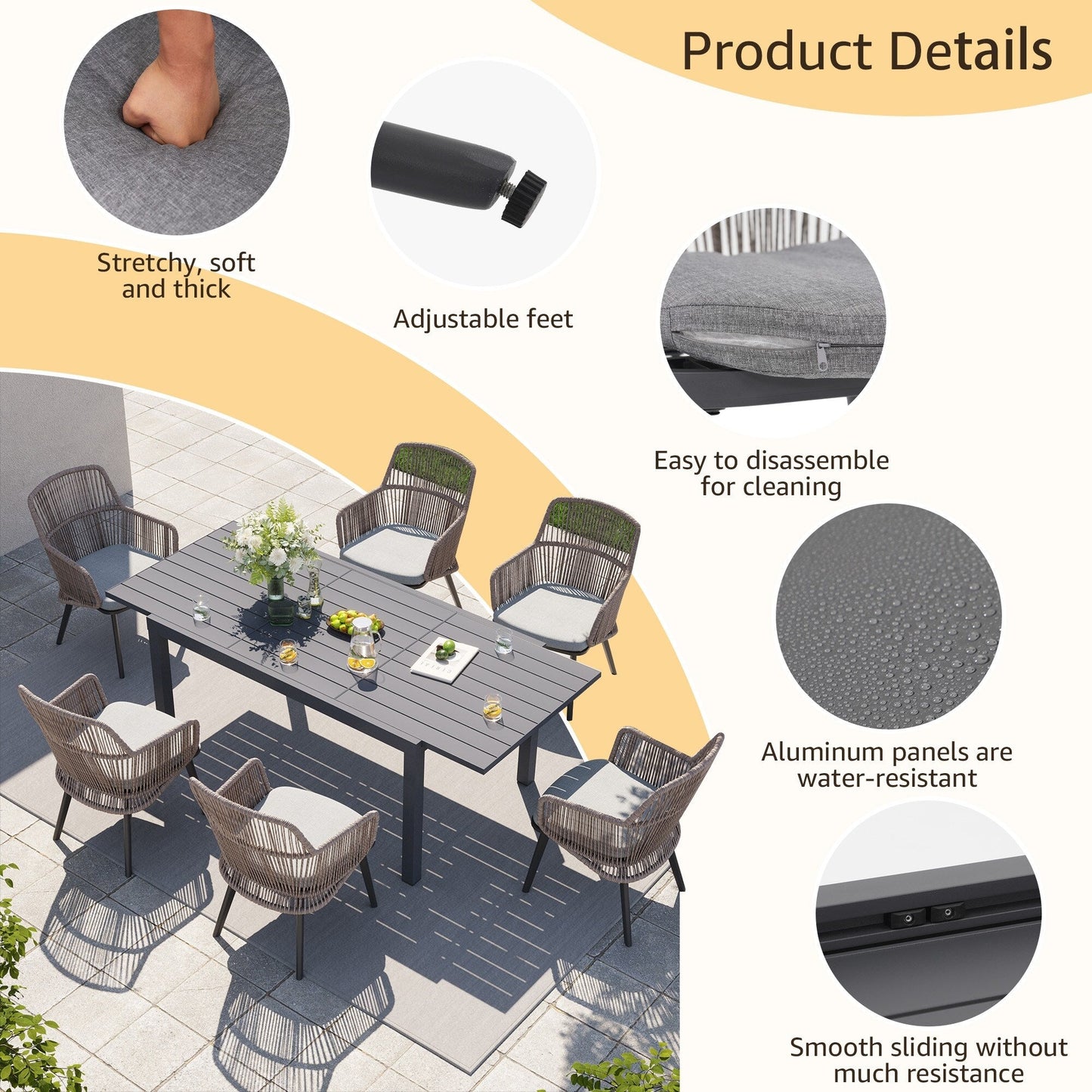 Set da pranzo per esterno con sedie e tavolo da pranzo estensibile (set da 7 pezzi)