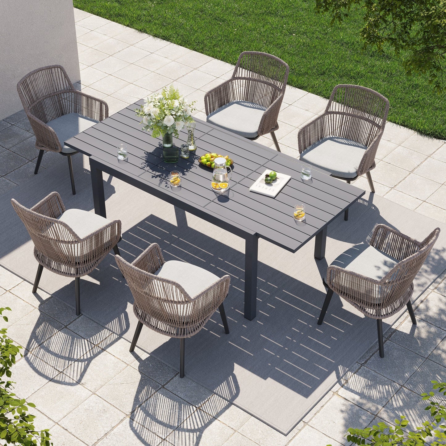 Set da pranzo per esterno con sedie e tavolo da pranzo estensibile (set da 7 pezzi)