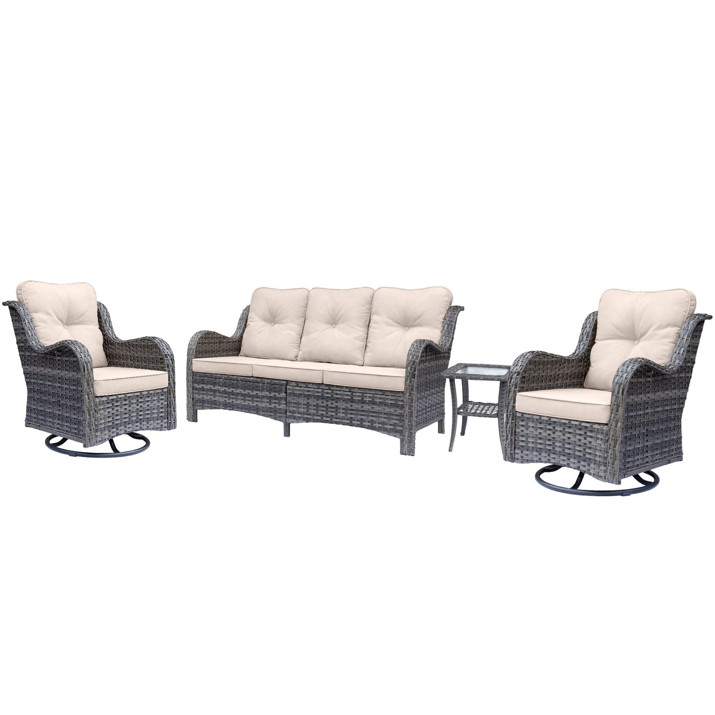 Set di mobili da esterno in rattan e vimini, sedie girevoli con cuscini