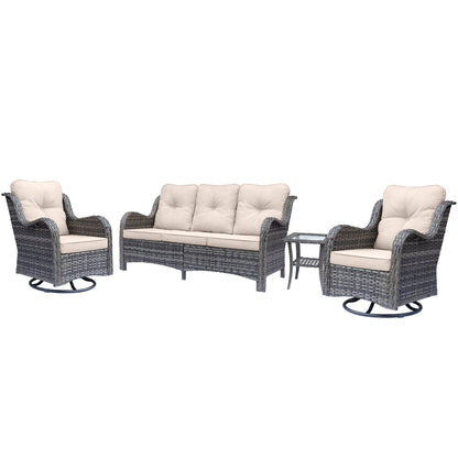 Set di mobili da esterno in rattan e vimini, sedie girevoli con cuscini