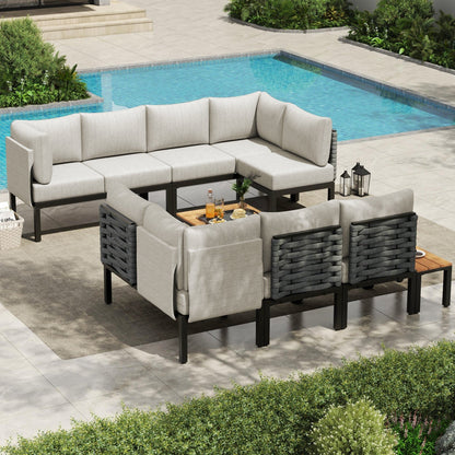 Set di mobili da giardino per esterni, divano componibile a L con 6 cuscini spessi e tavolino per giardino e veranda