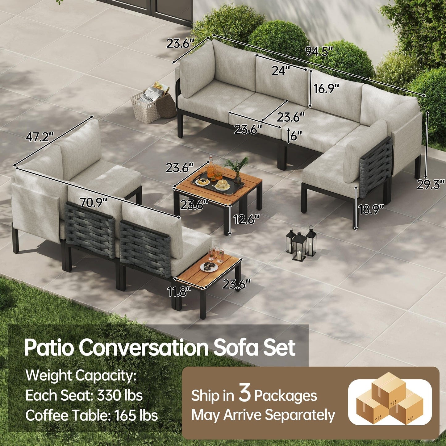 Set di mobili da giardino per esterni, divano componibile a L con 6 cuscini spessi e tavolino per giardino e veranda