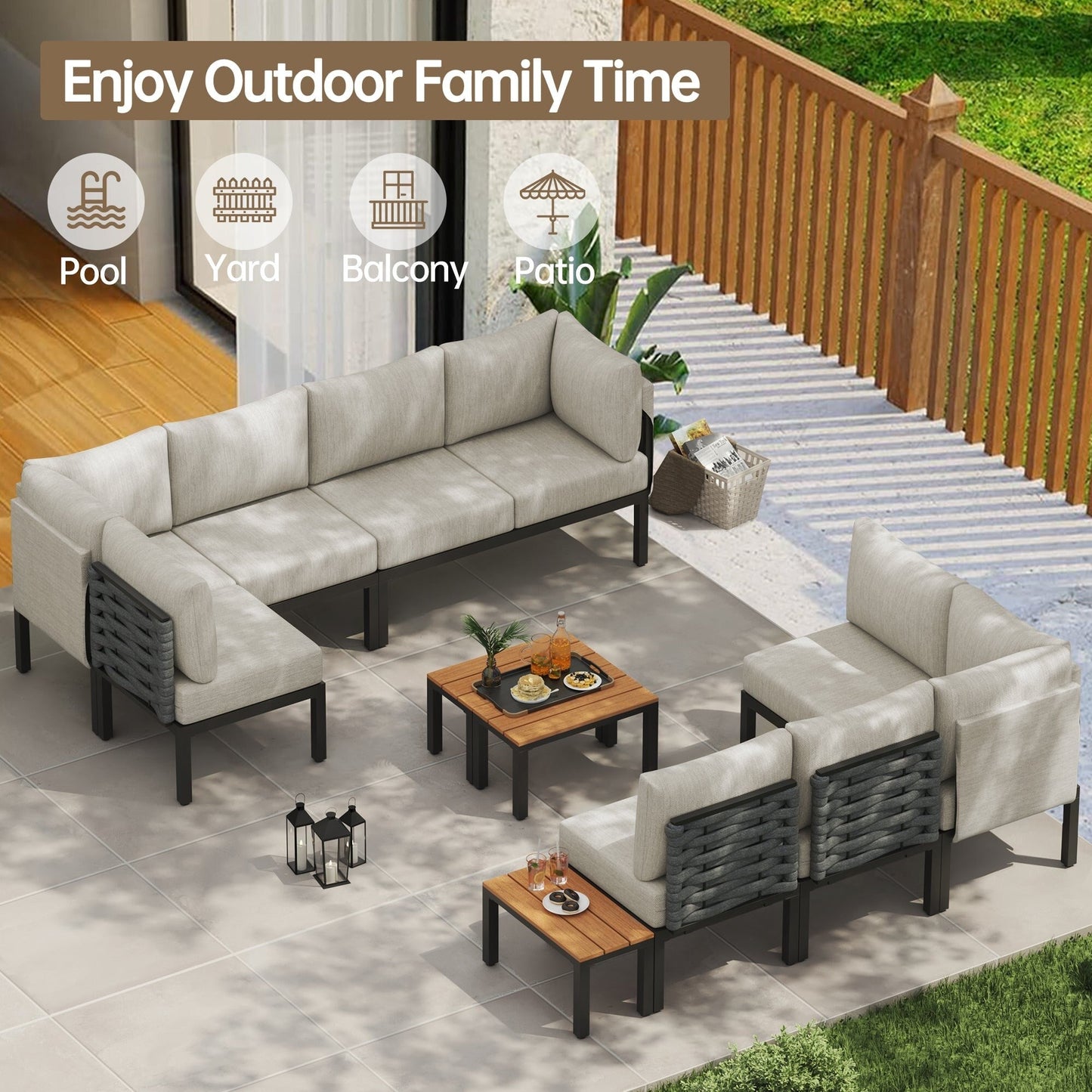 Set di mobili da giardino per esterni, divano componibile a L con 6 cuscini spessi e tavolino per giardino e veranda