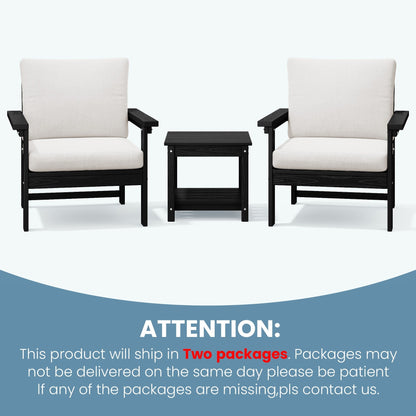 Set da conversazione per patio esterno in HDPE, 2 poltrone e tavolino doppio, cuscini rimovibili inclusi