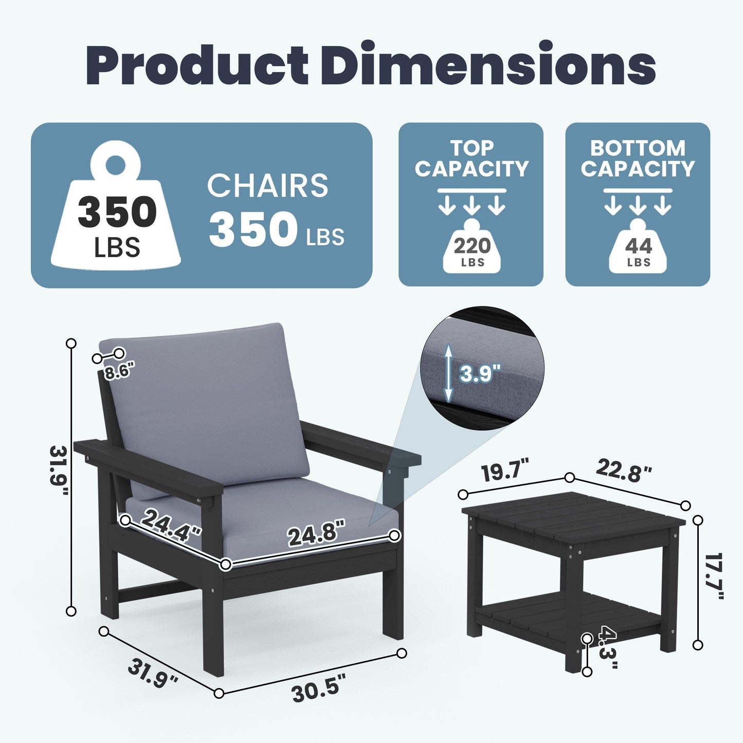 Set da conversazione per patio esterno in HDPE, 2 poltrone e tavolino doppio, cuscini rimovibili inclusi