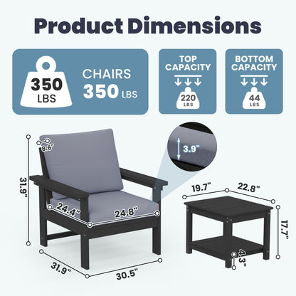 Set da conversazione per patio esterno in HDPE, 2 poltrone e tavolino doppio, cuscini rimovibili inclusi