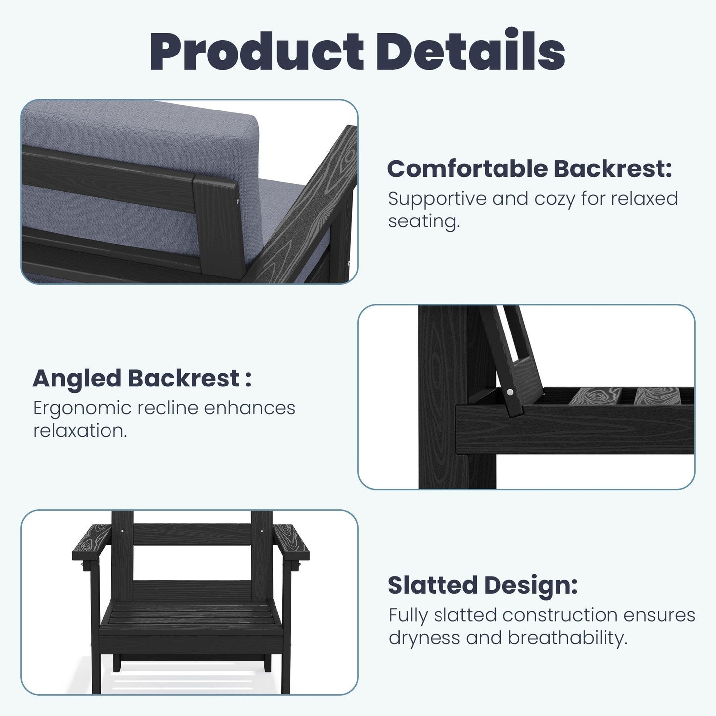 Set da conversazione per patio esterno in HDPE, 2 poltrone e tavolino doppio, cuscini rimovibili inclusi
