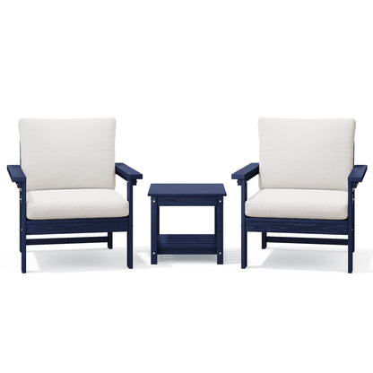 Set da conversazione per patio esterno in HDPE, 2 poltrone e tavolino doppio, cuscini rimovibili inclusi