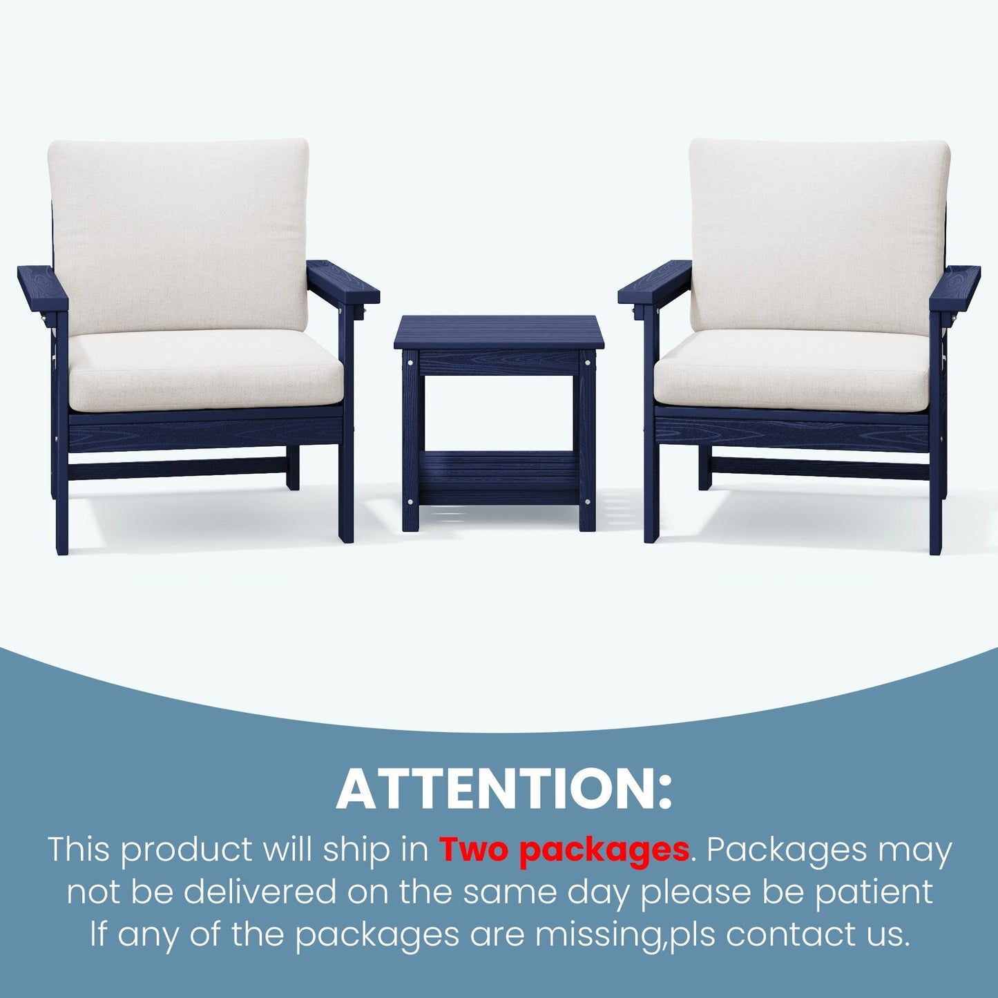 Set da conversazione per patio esterno in HDPE, 2 poltrone e tavolino doppio, cuscini rimovibili inclusi