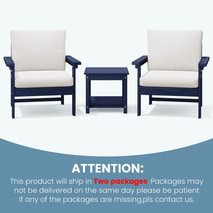 Set da conversazione per patio esterno in HDPE, 2 poltrone e tavolino doppio, cuscini rimovibili inclusi