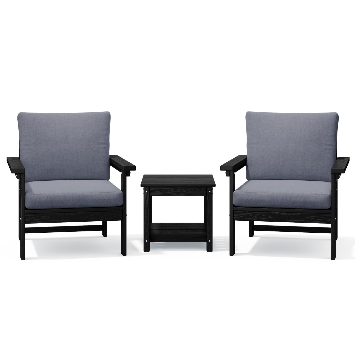 Set da conversazione per patio esterno in HDPE, 2 poltrone e tavolino doppio, cuscini rimovibili inclusi