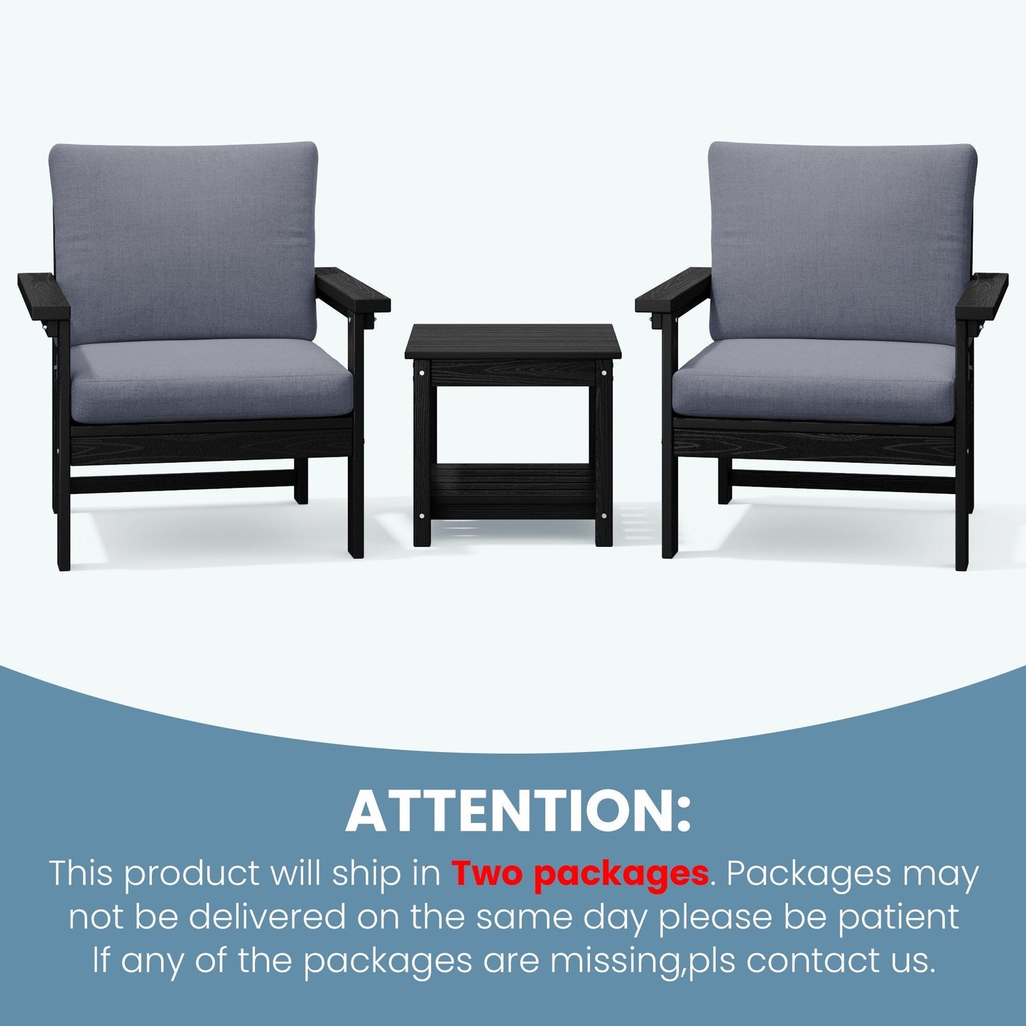 Set da conversazione per patio esterno in HDPE, 2 poltrone e tavolino doppio, cuscini rimovibili inclusi