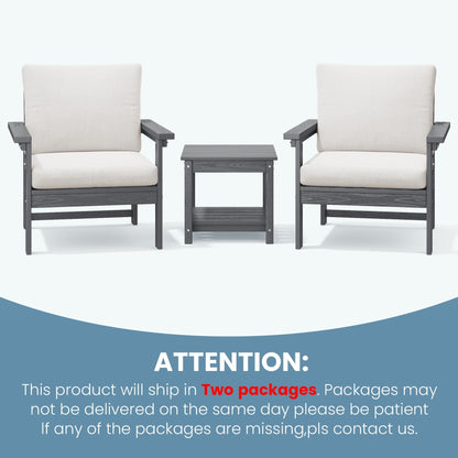 Set da conversazione per patio esterno in HDPE, 2 poltrone e tavolino doppio, cuscini rimovibili inclusi