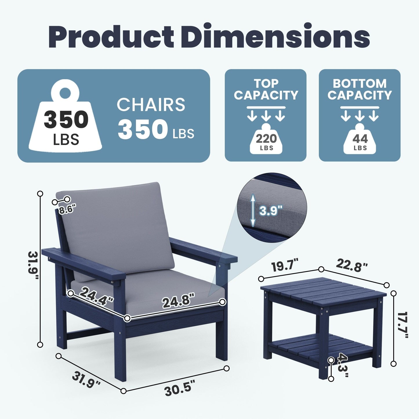 Set da conversazione per patio esterno in HDPE, 2 poltrone e tavolino doppio, cuscini rimovibili inclusi