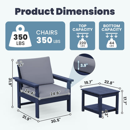 Set da conversazione per patio esterno in HDPE, 2 poltrone e tavolino doppio, cuscini rimovibili inclusi