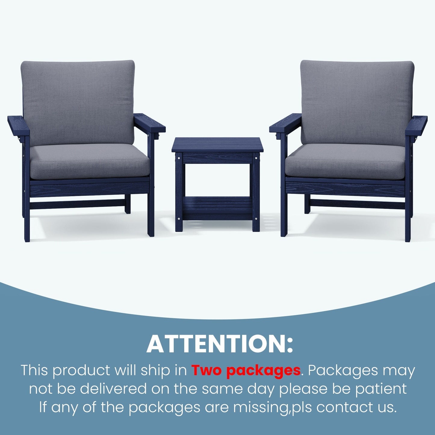 Set da conversazione per patio esterno in HDPE, 2 poltrone e tavolino doppio, cuscini rimovibili inclusi