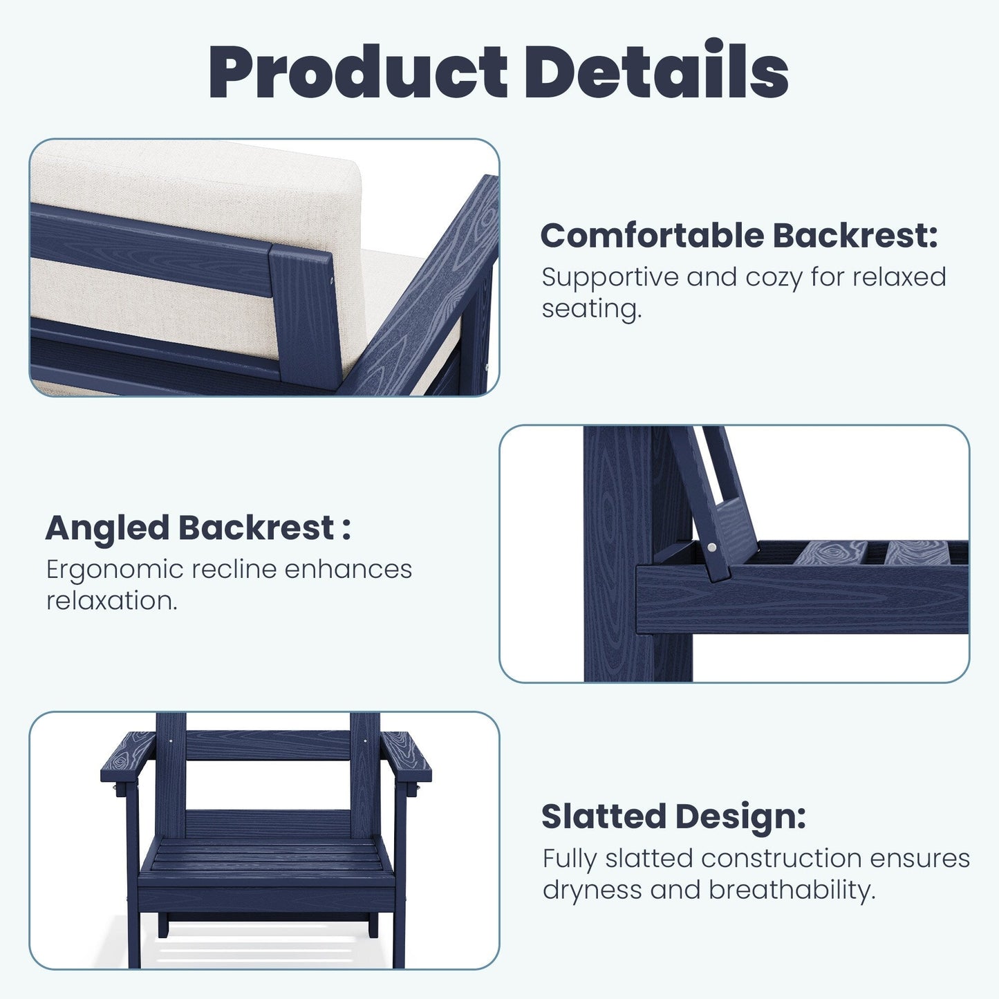 Set da conversazione per patio esterno in HDPE, 2 poltrone e tavolino doppio, cuscini rimovibili inclusi