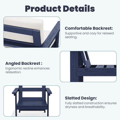Set da conversazione per patio esterno in HDPE, 2 poltrone e tavolino doppio, cuscini rimovibili inclusi