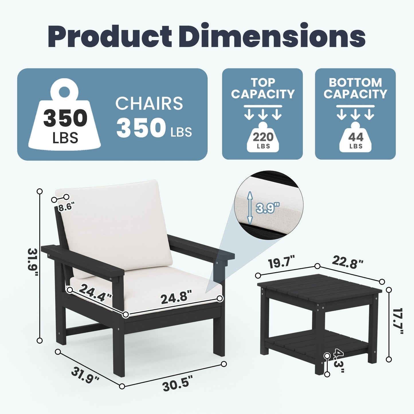 Set da conversazione per patio esterno in HDPE, 2 poltrone e tavolino doppio, cuscini rimovibili inclusi