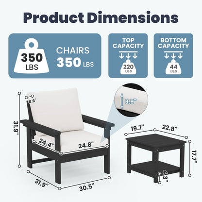 Set da conversazione per patio esterno in HDPE, 2 poltrone e tavolino doppio, cuscini rimovibili inclusi