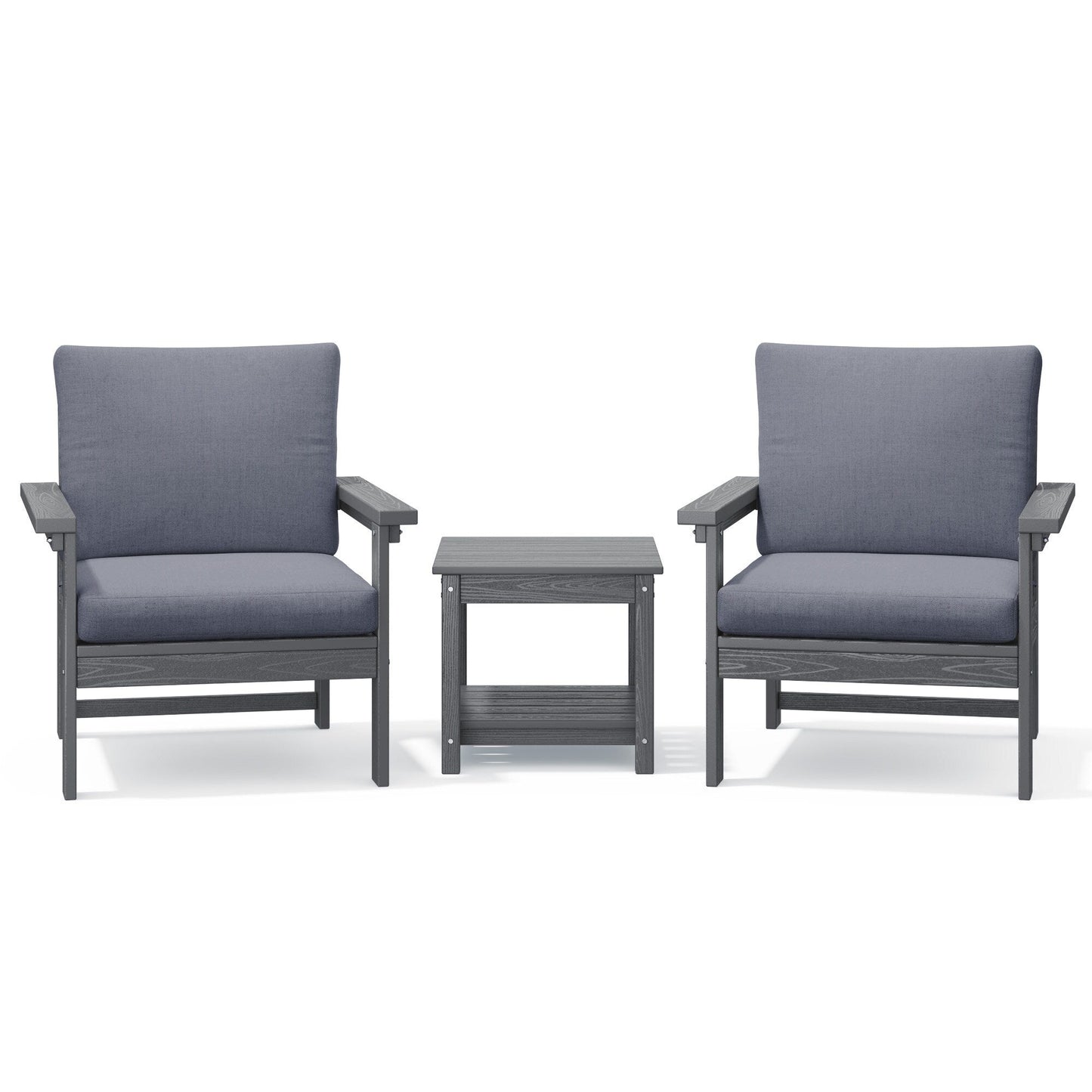 Set da conversazione per patio esterno in HDPE, 2 poltrone e tavolino doppio, cuscini rimovibili inclusi